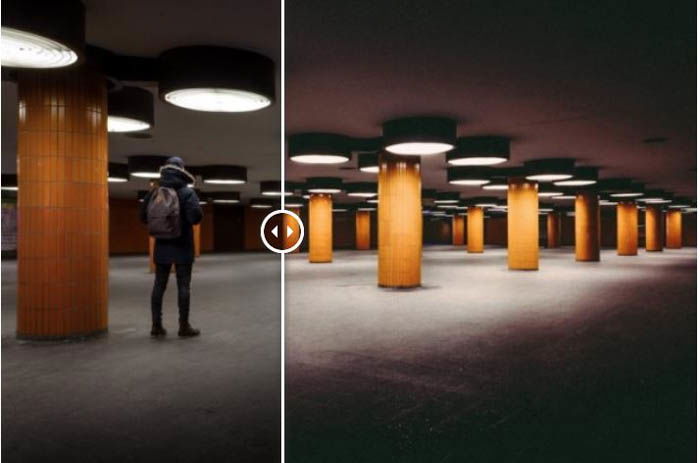 A man on a subway platform, shown using a before and after Lightroom preset