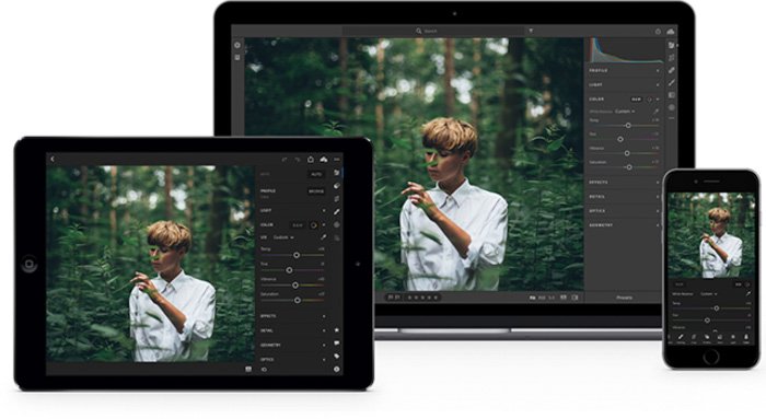 Lightroom tutorials on the screen of a tablet, laptop and smartphone
