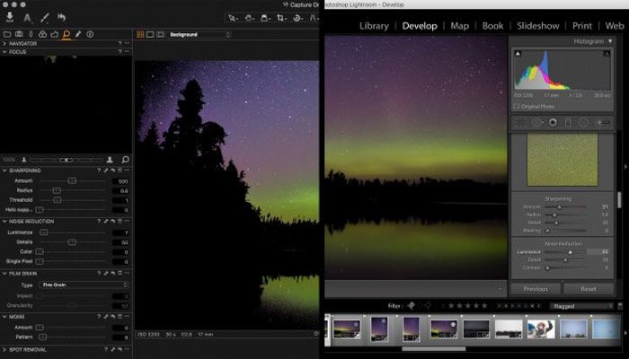 A screenshot of editing photos on both capture one and adobe lightroom