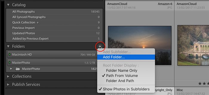 a screenshot of how to add a folder in Lightroom