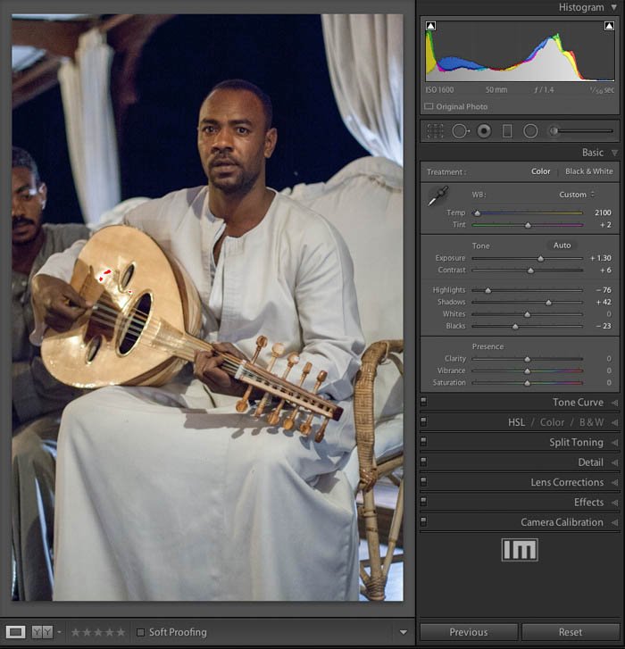 A screenshot of setting the White Balance in the Lightroom Develop Module 