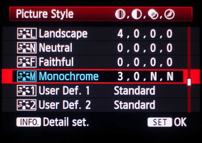 Picture style menu on a Canon camera