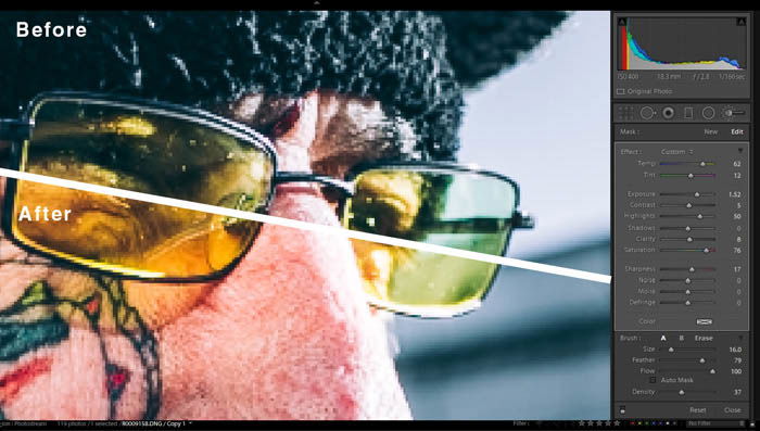 editing street photography in lightroom - accentuating details on glasses