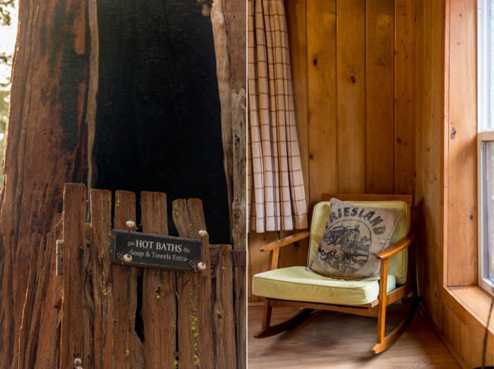 Diptych of an outdoor bathhouse on the left and a chair by a window on the right