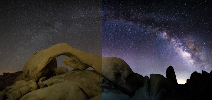 Showing a hazy sky transforming into a brilliant shot of the Milky Way in post-processing astrophotography