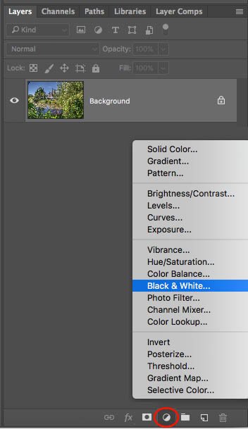 drop-down menu for black and white editing in photoshop