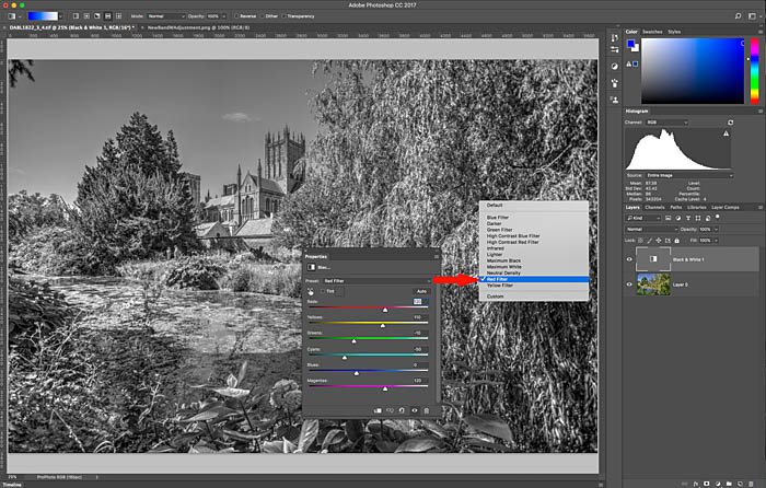 drop-down menu for black and white editing in photoshop