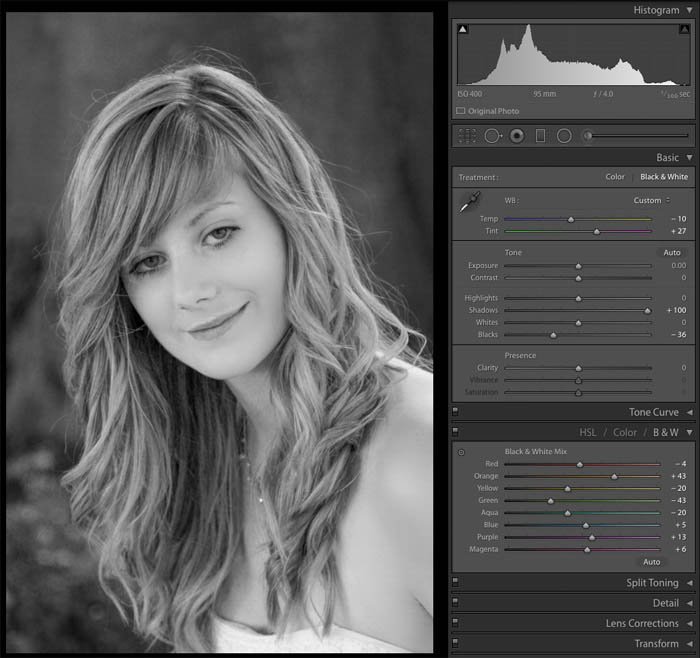 a screenshot of editing black and white photography in Lightroom