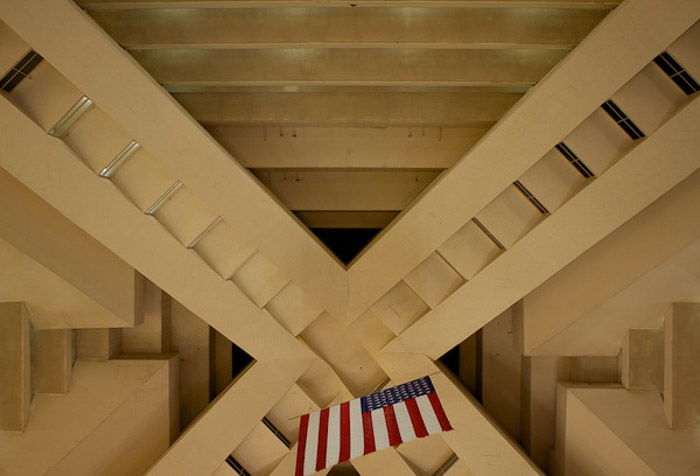 A photo of a building roof from inside using diagonal lines in photography composition