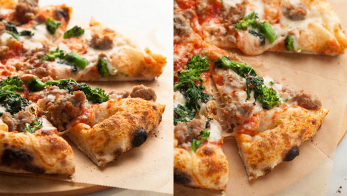 Diptych photo of pizza, shot using different photography lighting