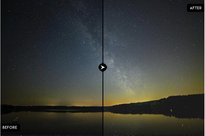 Showing a before and after image of the Milky Way using free Lightroom presets - Astro Photography