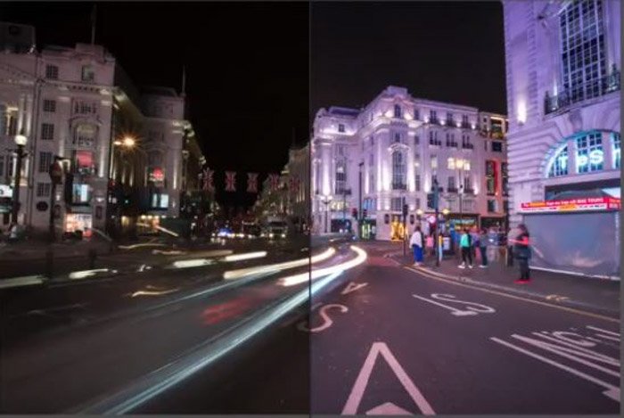 Showing a before and after of a night street scene using free Lightroom presets from PresetPro