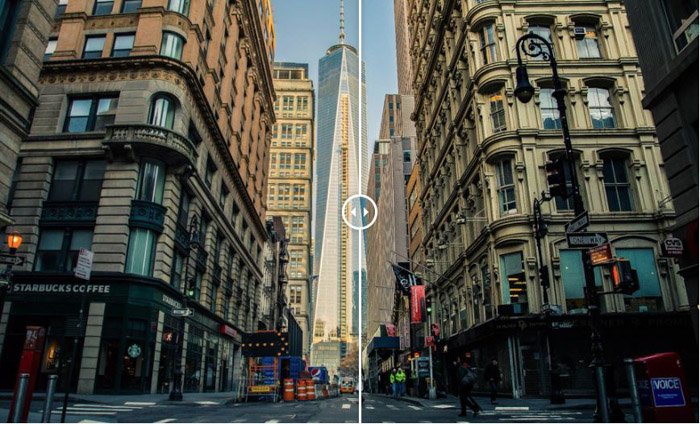 Showing a before and after image of a US city using the free Lightroom presets VSCO film