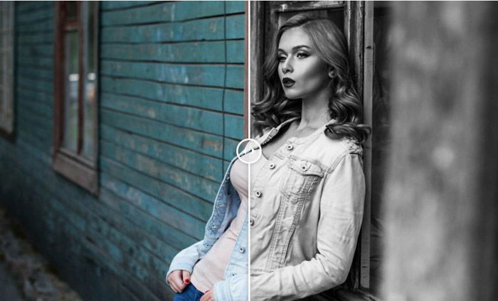 Showing a before and after photograph of a girl using free Lightroom presets in Monochrome