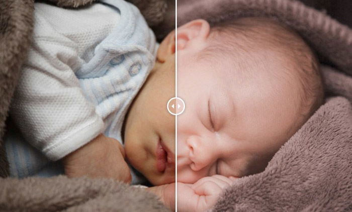 Showing a before and after photograph of a newborn baby using free Lightroom presets - Newborn