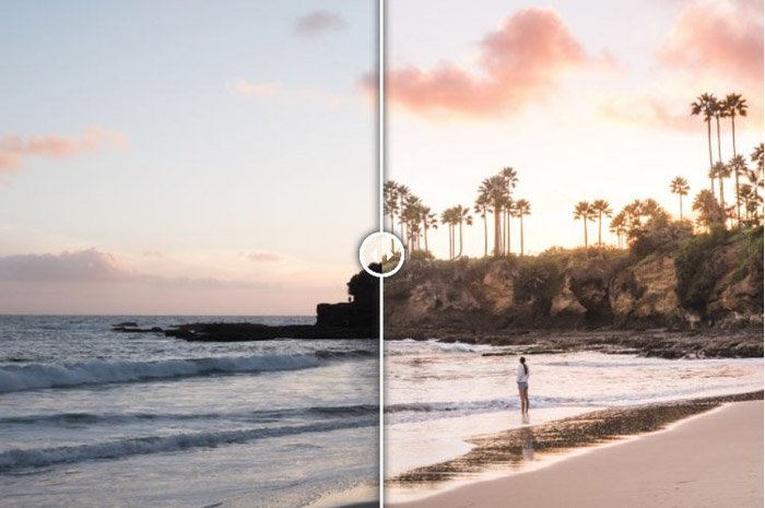Showing a before and after of a beach scene using free Lightroom presets - Laguna Sunset