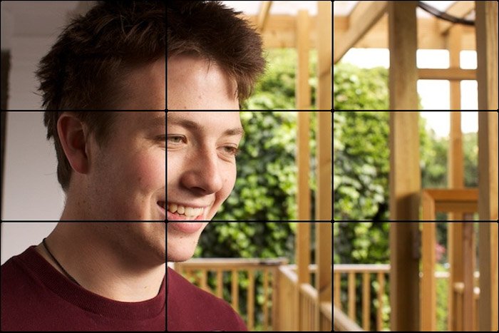 A photo of a male model with the rule of thirds grid overlayed - master professional photography