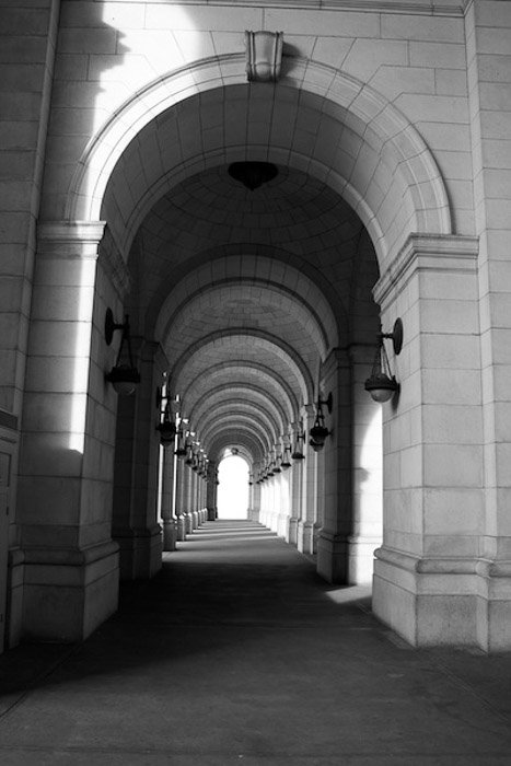 Black and white photo of stone arches