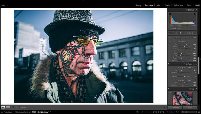 een screenshot van het gebruik van Lightroom voor uw straatfotografie workflow en editing proces