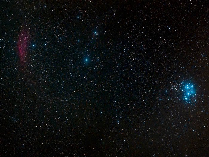 Shooting the star filled horizon, Pleiades and California Nebula