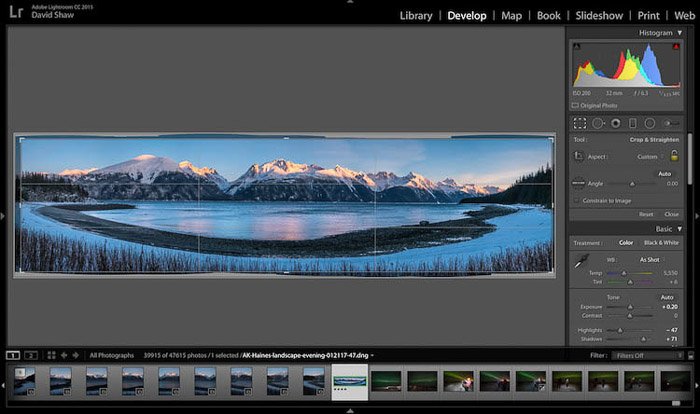 Post processing a stunning panoramic photo of an icy landscape in Haines, Alaska 