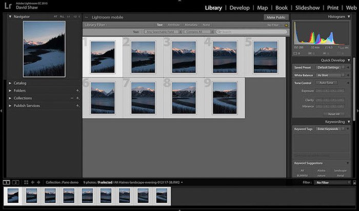 selecting images in Lightroom for editing panoramic photos, screenshot