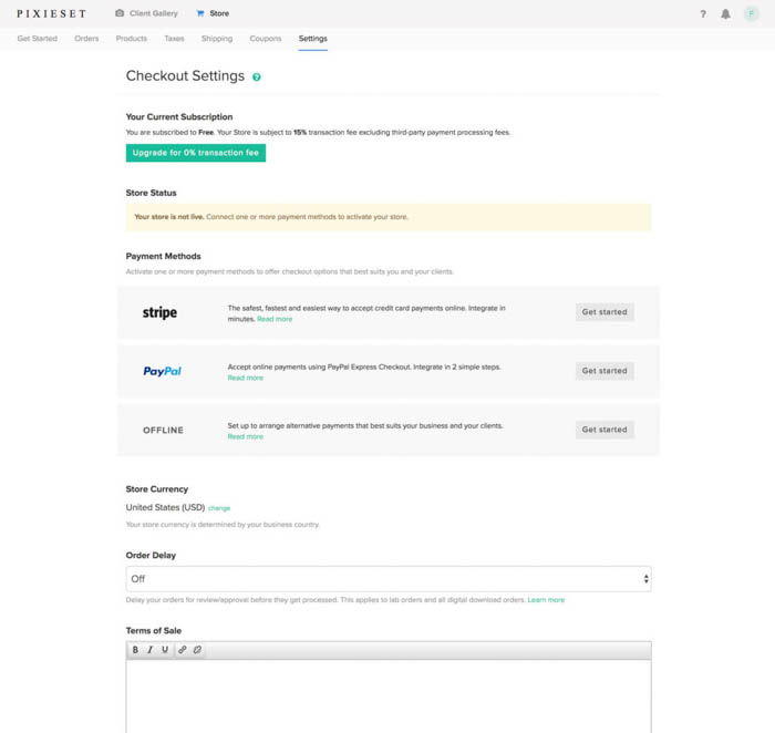 A screenshot of the pixieset checkout settings