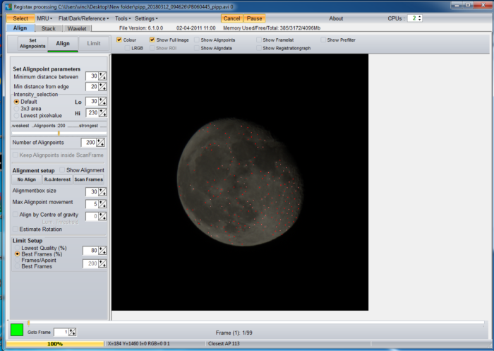 image stacking of a moon photo