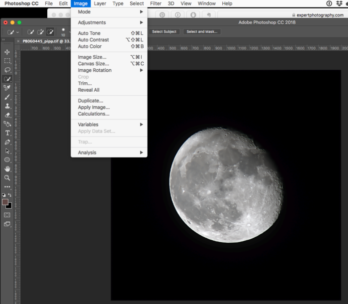 editing a photo of the moon in photoshop cc