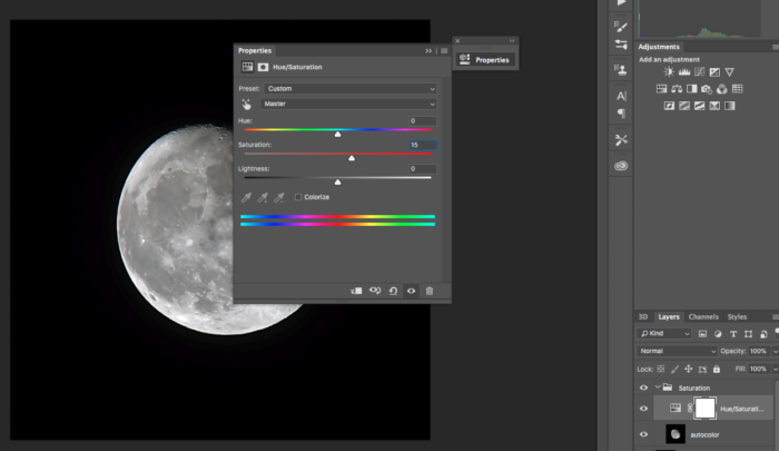 saturation adjustment in photoshop cc of a photo of the moon