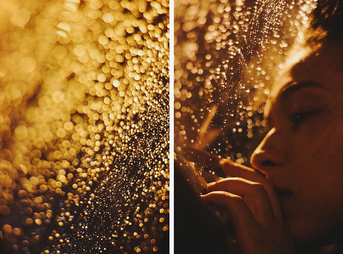 Atmospheric low-light self-portrait diptych with raindrops on a window