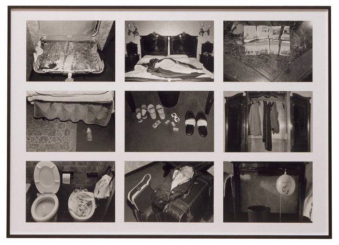 A black and white photo grid by Sophie Calle 