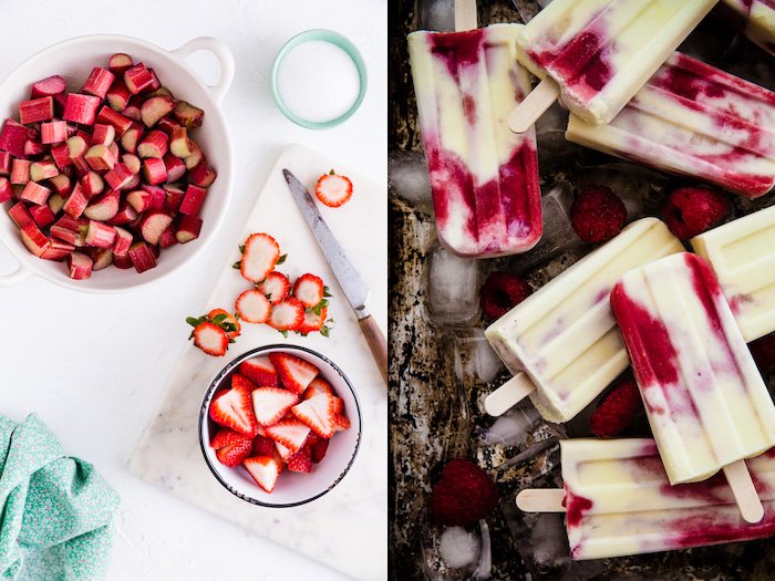 Two images side by side, one of fresh fruit, and the other of fruit ice lollies 