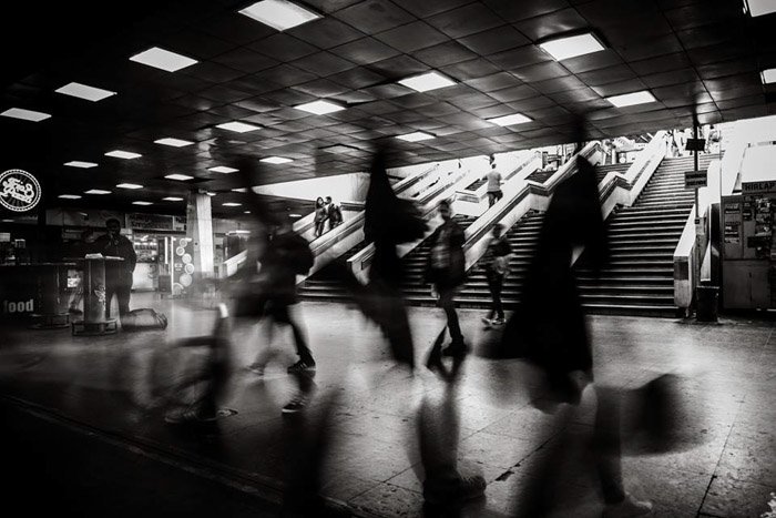 Long exposure black and white photograph of a metro station in Budapest Hungary