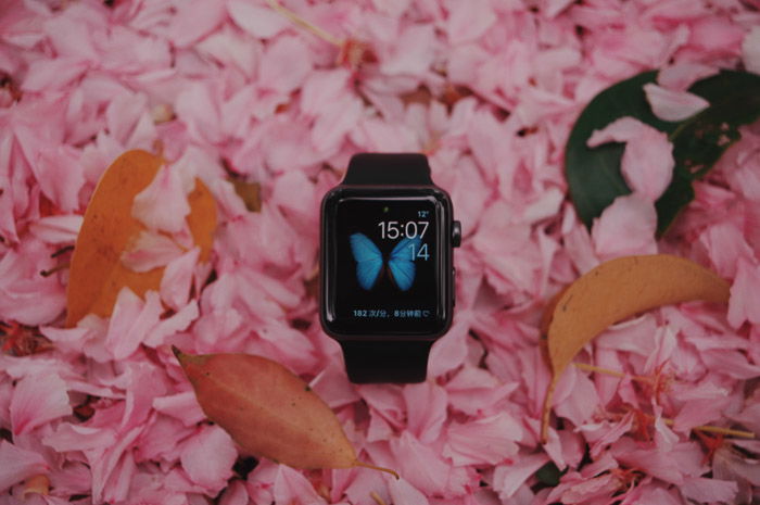 A digital watch on rose petals