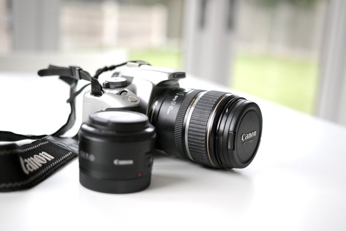 A Canon DSLR camera and lens