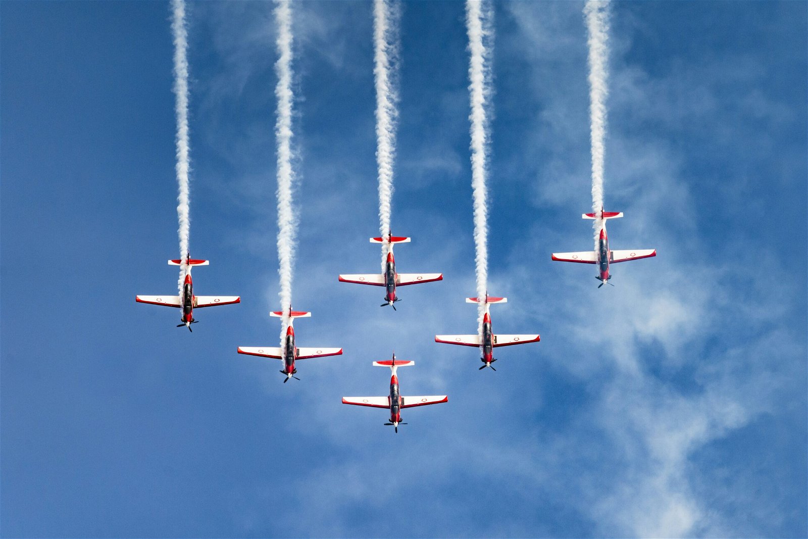 Six airplanes with white smoke trails flying against a blue sky at an air show as an example of sports photography