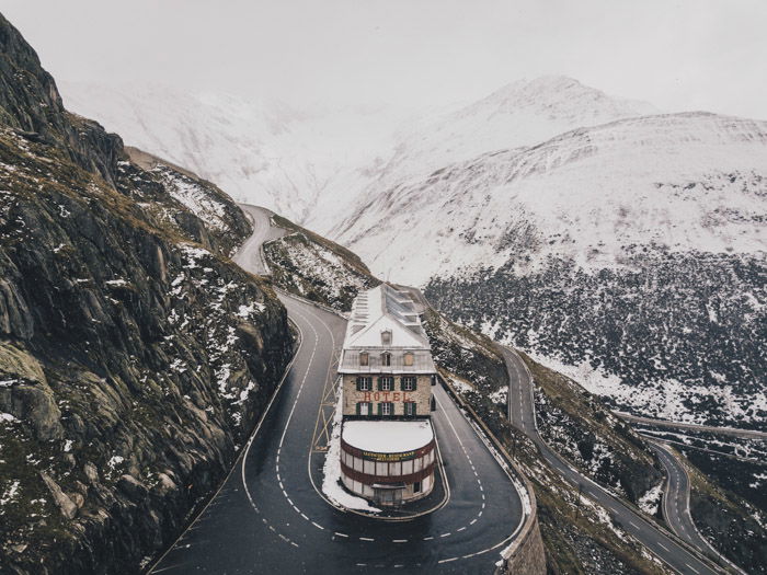 Travel photography image of snowy mountains and road