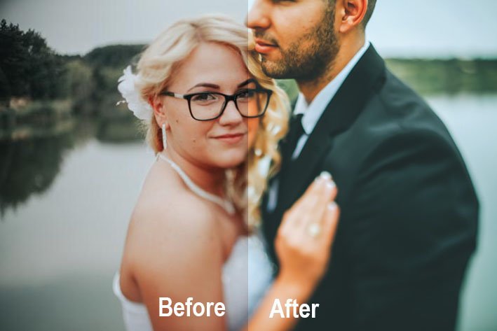 A before and after editing split-screen of a wedding portrait 