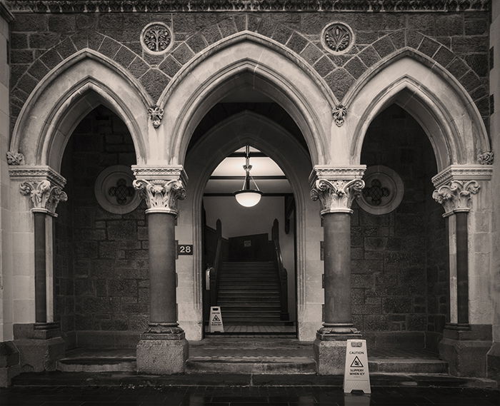 The entrance to the Gothic Revival-inspired Arts Center, designed by architect William Armson. Christchurch, New Zealand.