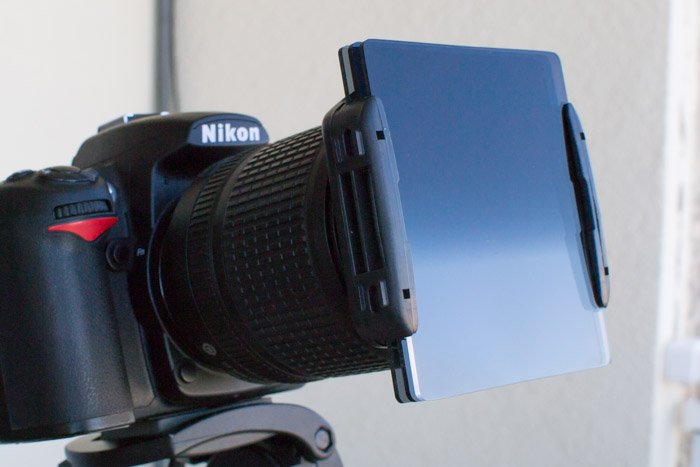 A neutral density filter mounted on a Nikon camera