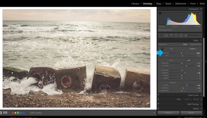 Screenshot of using Adobe lightroom for post processing a seascape photo