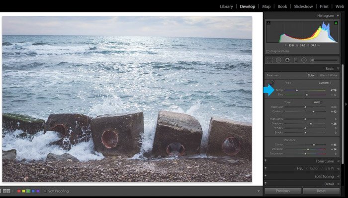 A screenshot of using Adobe lightroom for post processing beach photography