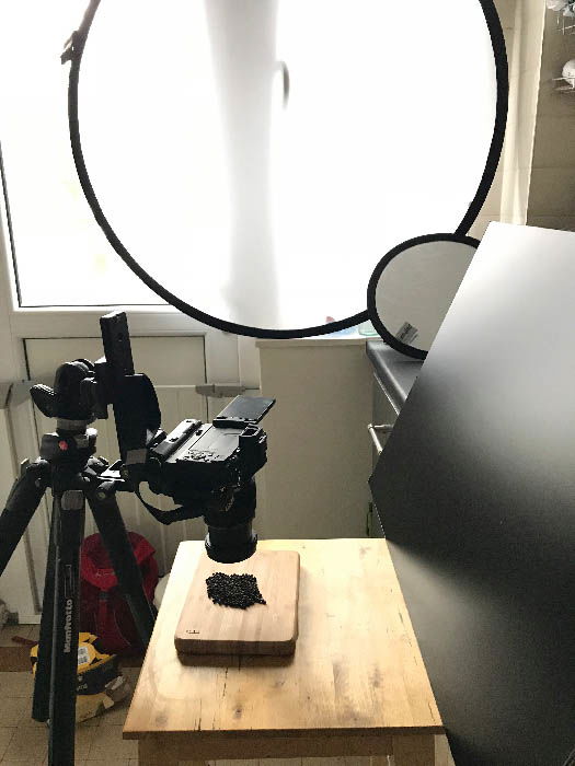 A camera capturing a closeup shot of a plant on a wooden plate