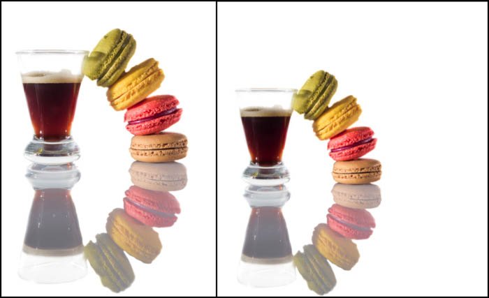 Díptico de macarons y café con fondo blanco en fotografía creativa de comida