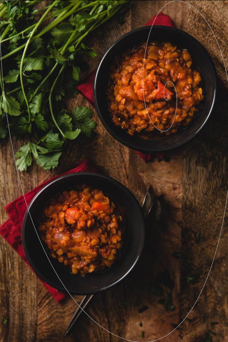 Overhead shot of two bowls of food with golden spiral composition grid overlayed