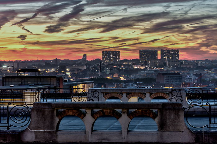 dramatic colourful skyline of Brussels from the belvedere of Place Poelaert (Justice Palace).