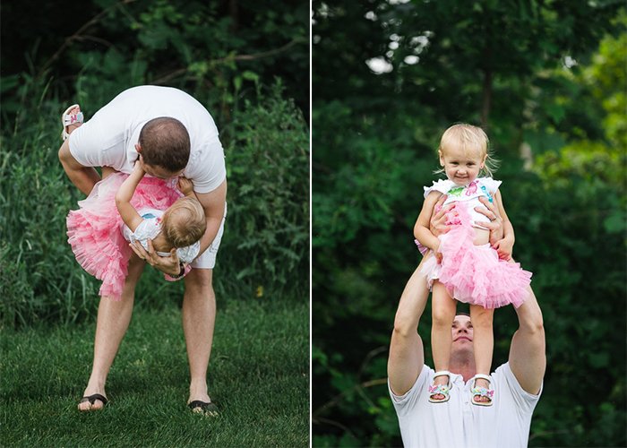 diptych family portraits of a father and little girl laughing and playing in the park