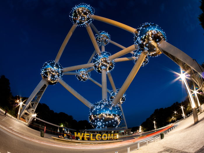 Fisheye photograph of the entire Atomium at night. Urban photography