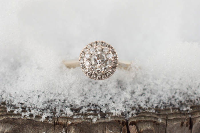 close up photo of engagement ring in ice